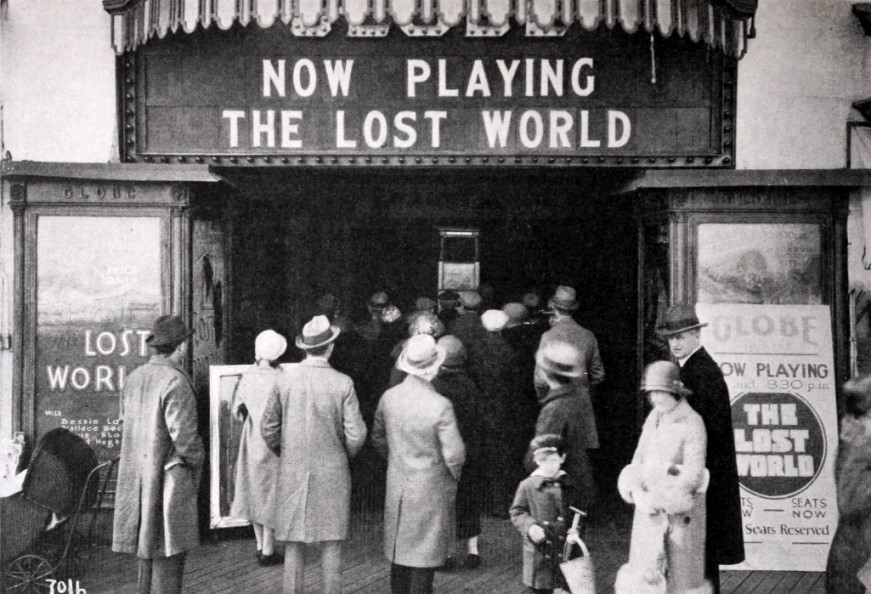entrance of Theater in Atlantic City, New Jersey, with signage "Now Playing The Lost World