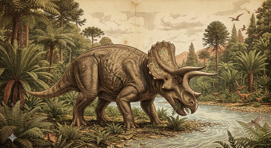 old school drawing of a triceratops